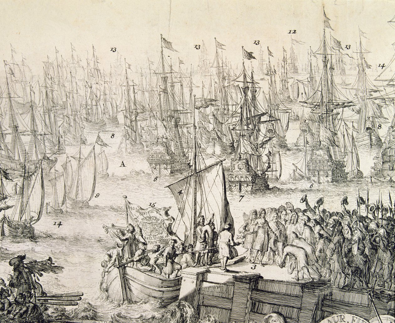 وليام أورانج يبحر إلى إنجلترا في نوفمبر 1688 (نقش) بواسطة فنان غير معروف