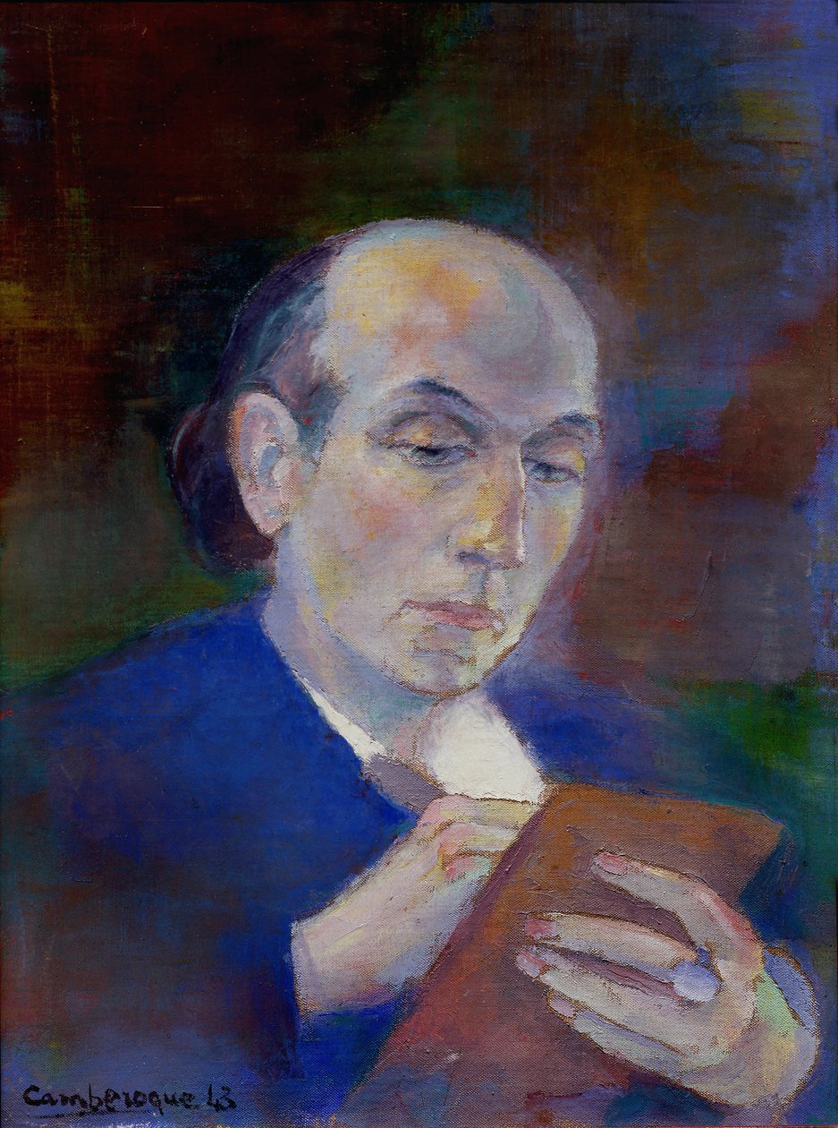 الكاتب والشاعر جو بوسكيه (1897-1950) في غرفته في كاركاسون (أود). الشاعر ممثل يكتب مستلقيا على السرير. بورتريه جان كامبيروك (1917-2001) بواسطة فنان غير معروف