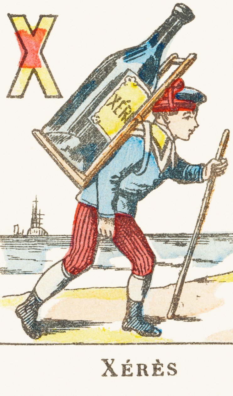 X: Xeres ، صبي يحمل على ظهره زجاجة نبيذ كبيرة - Games Alphabet ، حوالي 1890 (نقش) بواسطة غير معروف