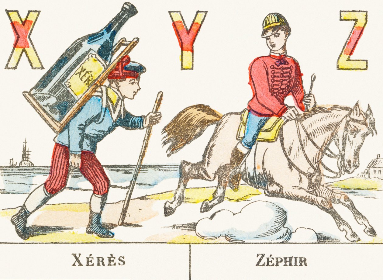 XYZ: Xeres ، Zephir - صبي يحمل على ظهره زجاجة نبيذ كبيرة وراكب يركض على حصانه المسمى Zephyr - Games Alphabet ، c1890 (نقش) بواسطة غير معروف