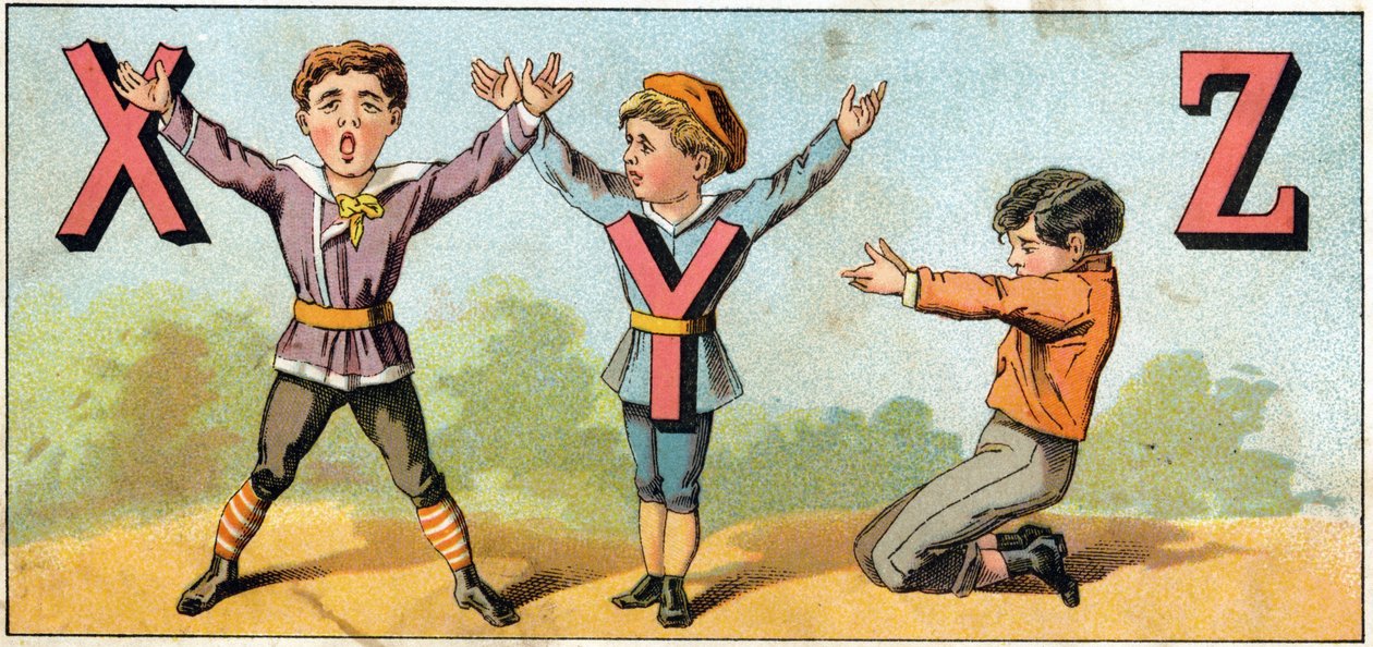 تم تقليد الحروف XY و Z بواسطة موضع الجسم. نقش في "Alphabet des petits ecoliers". تصوير إبينال ، حوالي عام 1885. مجموعة بريفيه بواسطة غير معروف