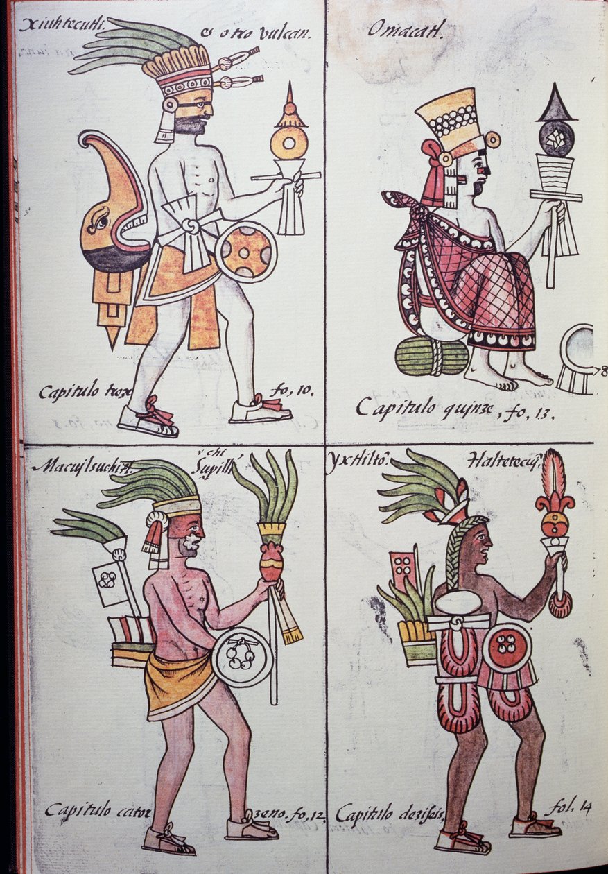 Xiuhtecuhtli، Omacatl، Macuilxochitl، Ixtlilton، Page from Florentine Codex، Version in Spanish and Nahuatl، General History of the Things of New Spain (Historia general de las cosas de Nueva Espana)، Aztec بواسطة فنان غير معروف