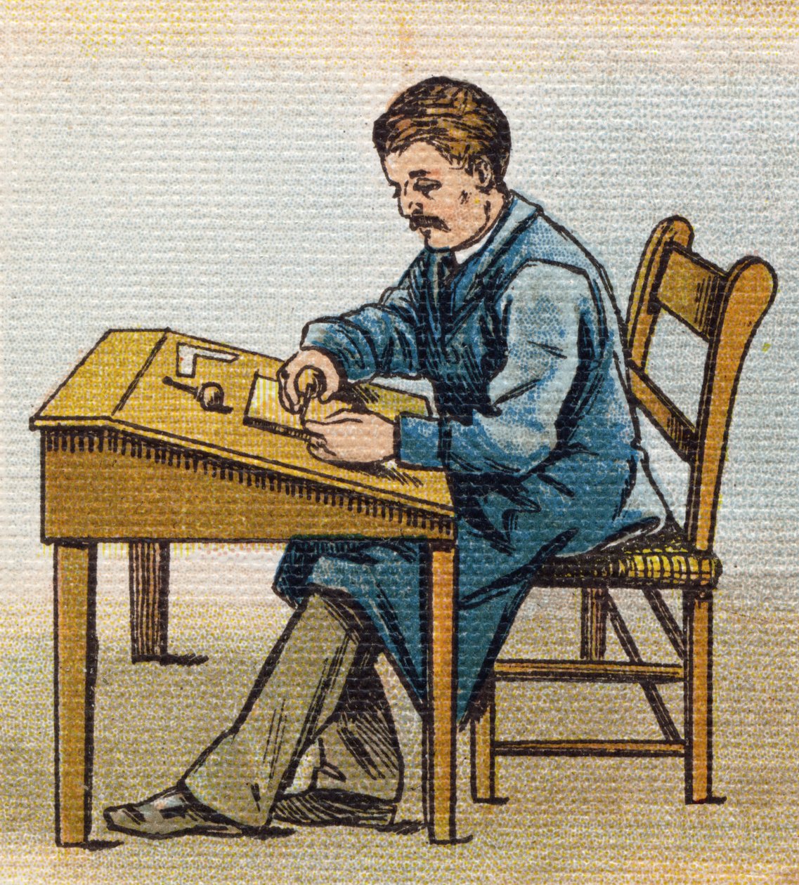 Xylographer في الاستوديو الخاص به. نقش في "Alphabet de ma petite fille". برناردين-بيشيت وفلس ، بائعون وناشرون ، باريس ، حوالي عام 1895. ألبوم غير قابل للكسر على قماش. Bibliotheque des Bebes. 12 صفحة. ألبوم يحتوي على طريقة قراءة وتوضيح بواسطة غير معروف
