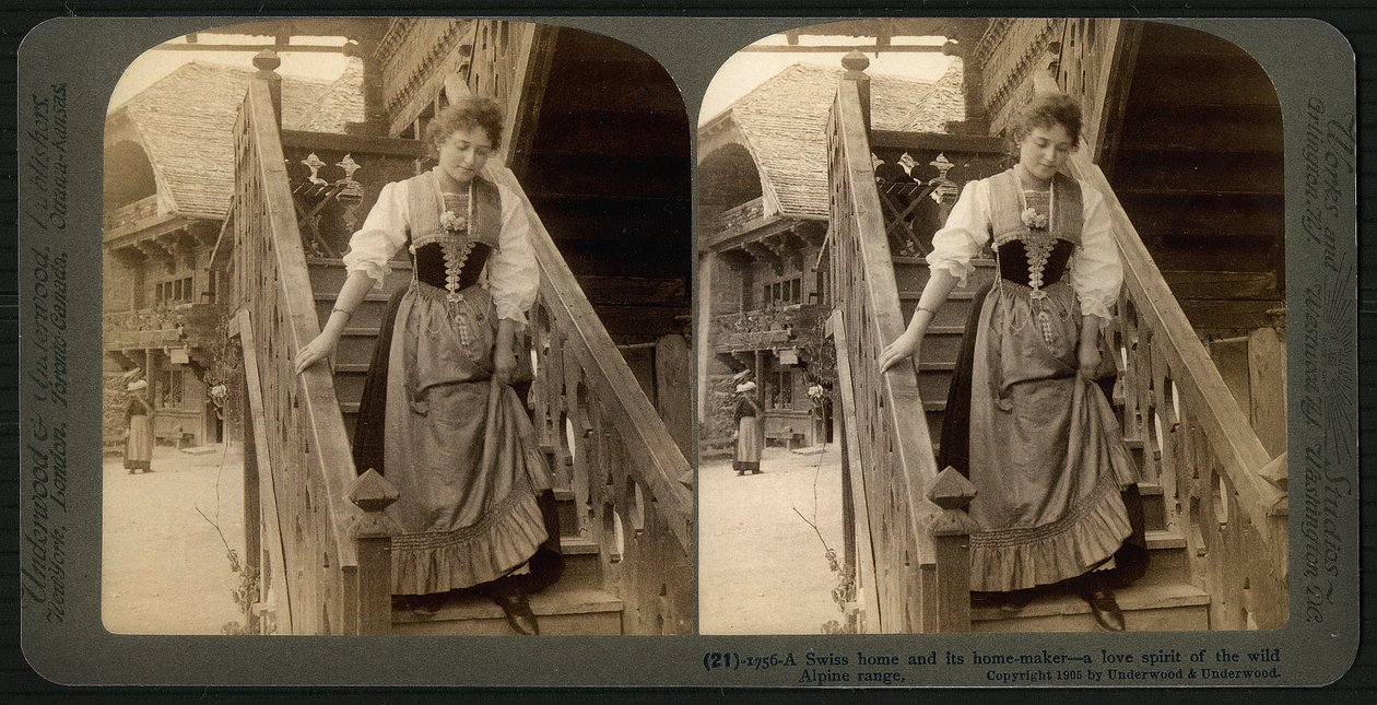 بطاقة مجسمة تصور امرأة سويسرية شابة بالزي التقليدي ، حوالي 1900 (صورة بني داكن) (انظر أيضًا 473238) بواسطة أندروود أند أندروود