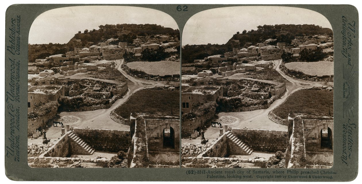 مدينة السامرة الملكية القديمة ، حيث بشر فيليب بالمسيح ، غرباً ، فلسطين ، 1900. بواسطة أندروود أند أندروود