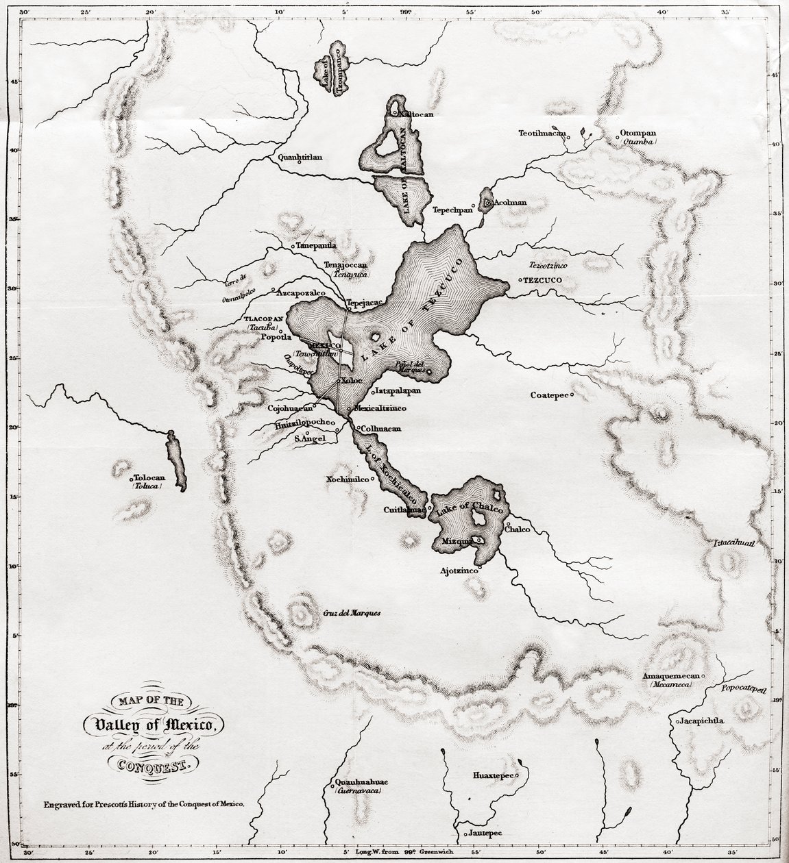 خريطة وادي المكسيك في وقت الفتح ، من تاريخ غزو المكسيك ، نشرت عام 1850 بواسطة غير معروف غير معروف