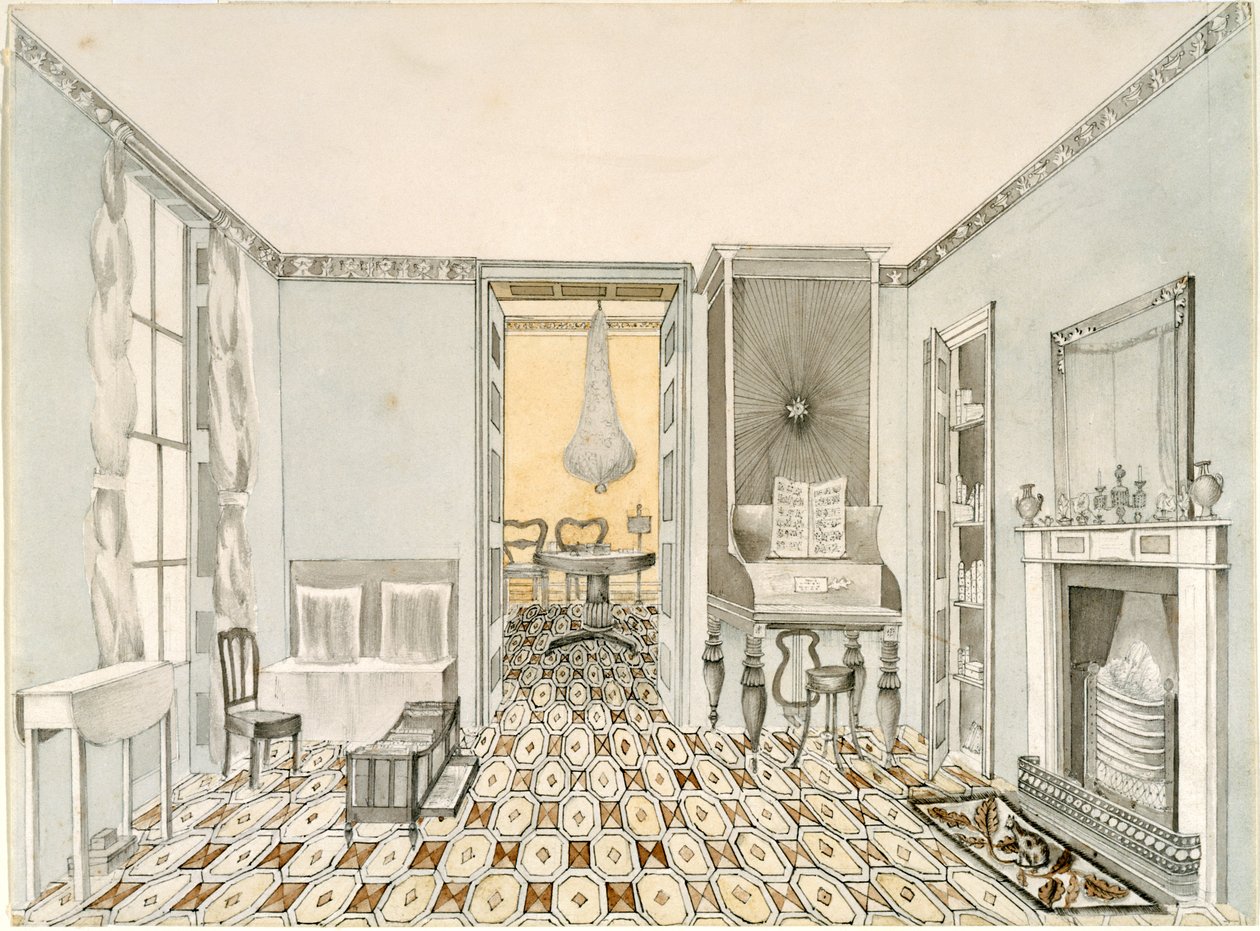 منظر لغرفة الرسم ، 1835-40 (قلم رصاص ، حبر مع مرحاض على ورق) بواسطة غير معروف غير معروف