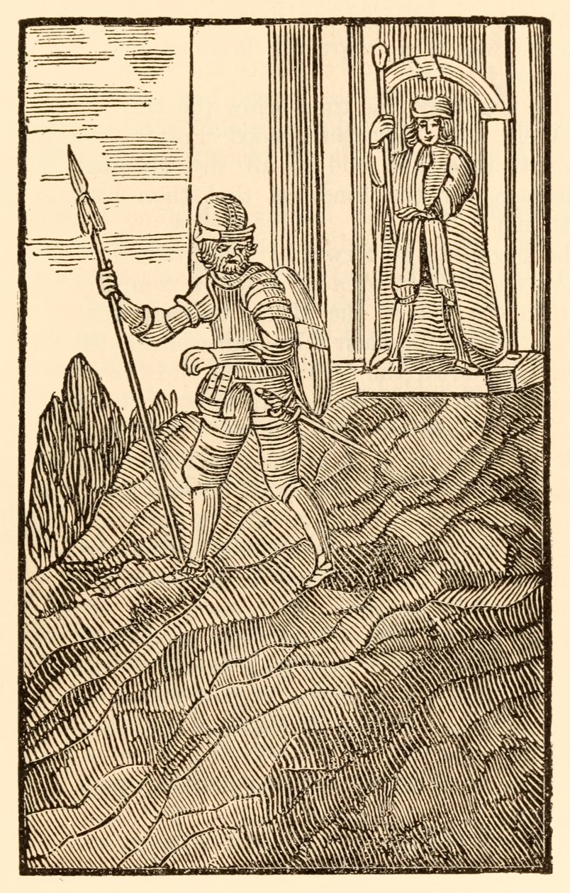 "في حين أن كريستيان هو من بين أصدقائه التقوى ... فهو سعيد بالصلب الشمالي من أعلى إلى أخمص القدم". من "تقدم الحاج" من هذا العالم ، إلى ما سيأتي "بقلم جون بونيان بواسطة غير معروف