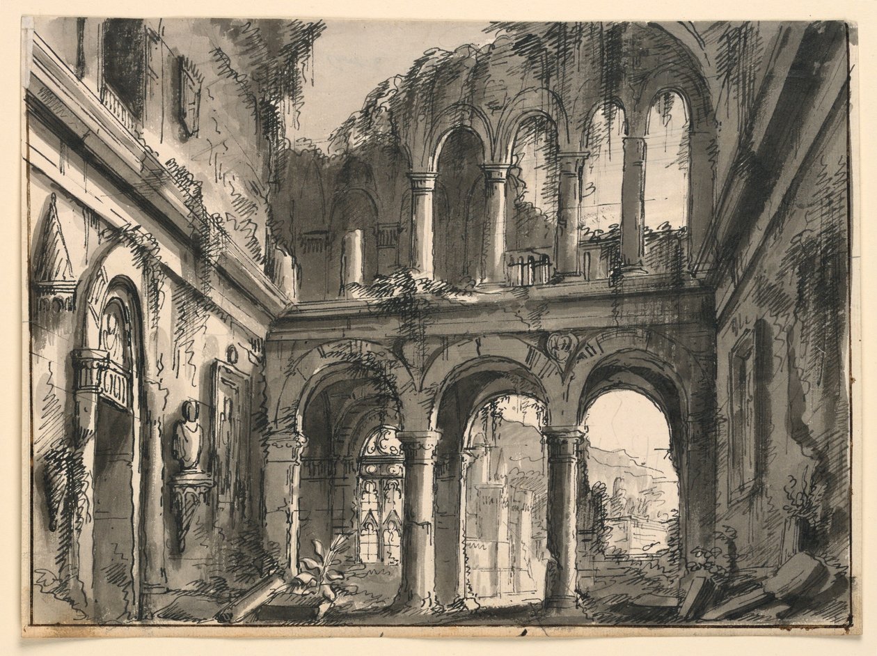 الرسم ، تصميم المسرح ، الجزء الداخلي من قصر النهضة المدمر ، أوائل القرن التاسع عشر بواسطة غير معروف