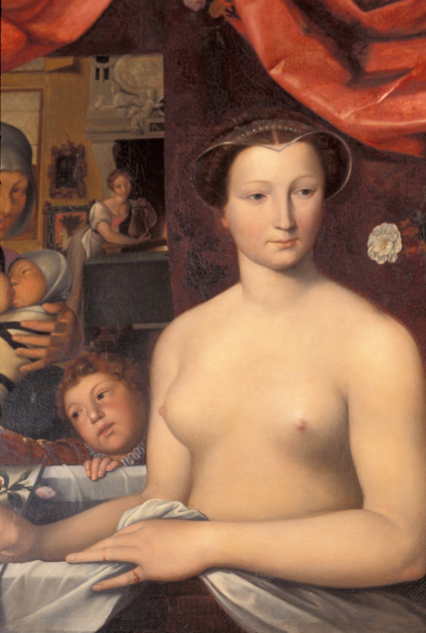 Indre & Loire N * 328 - شاتو دازاي لو ريدو - تفاصيل الغرفة "4" la Dame au bain ". لوحة رسمها كارل إرنست ليمان (1814-1882) ، بعد فرانسوا كلويت (1515-1572) بواسطة غير معروف