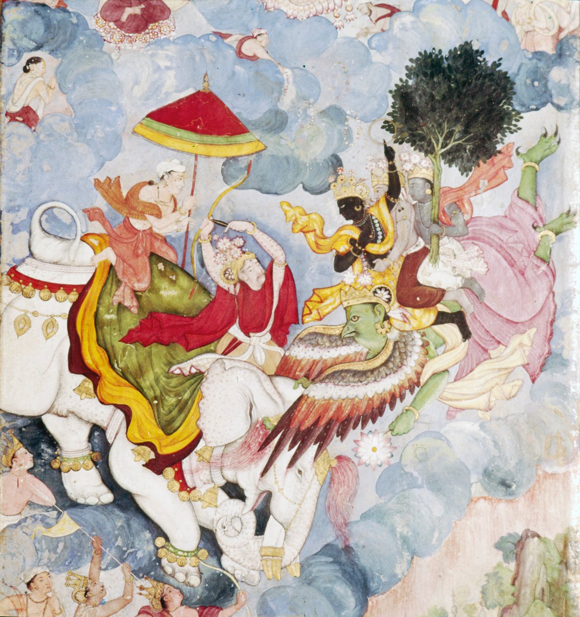 كريشنا ، على Bird-God ، Garuda يحارب Indra على الفيل ، مخطوطة Harivamsa ، c1590 بواسطة غير معروف