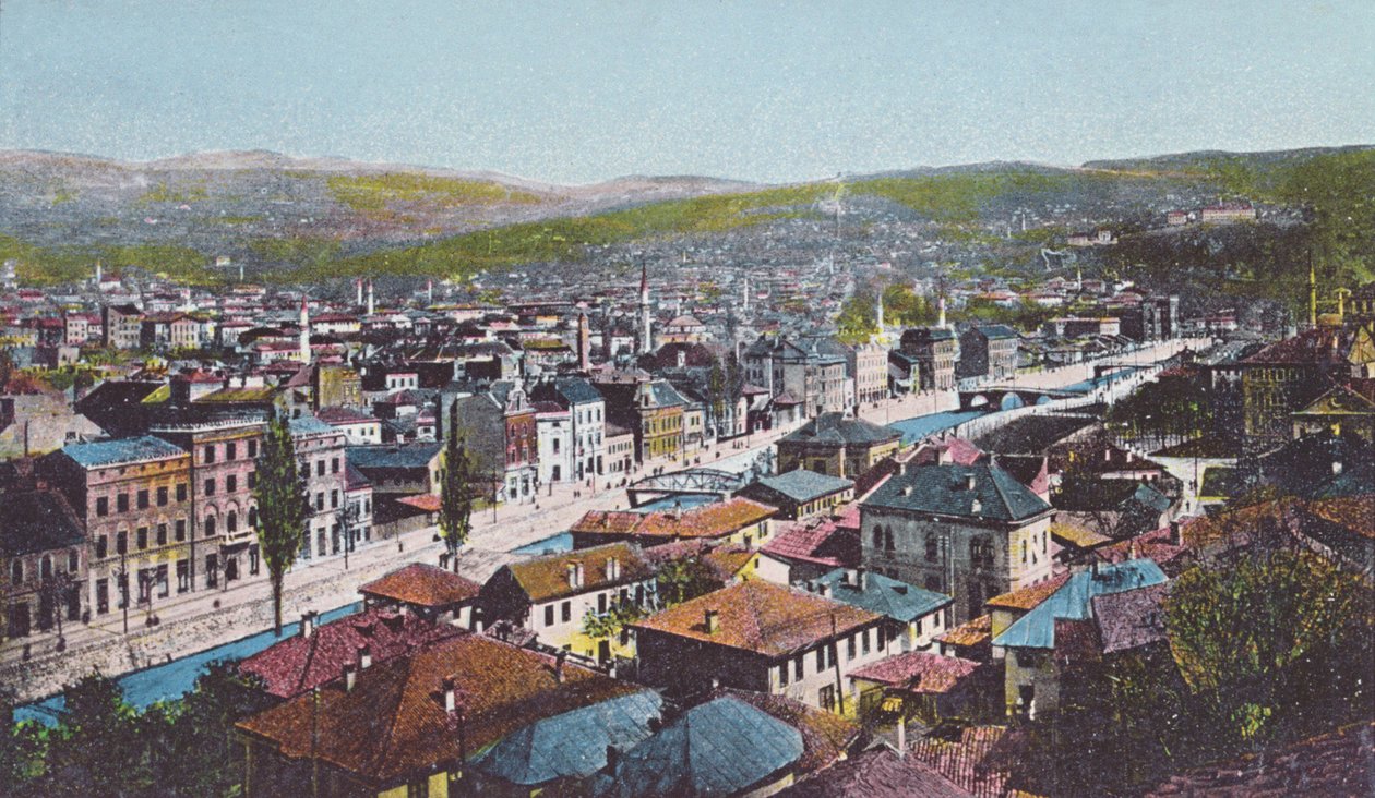 بطاقة بريدية تصور سراييفو ورصيف أبيل ، 1913 بواسطة غير معروف
