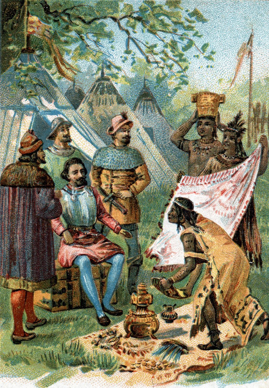 1518 - 1519: غادر فرناند كورتيز لغزو المكسيك واستلم هدايا الإمبراطور مونتيزوما. بواسطة فنان غير معروف
