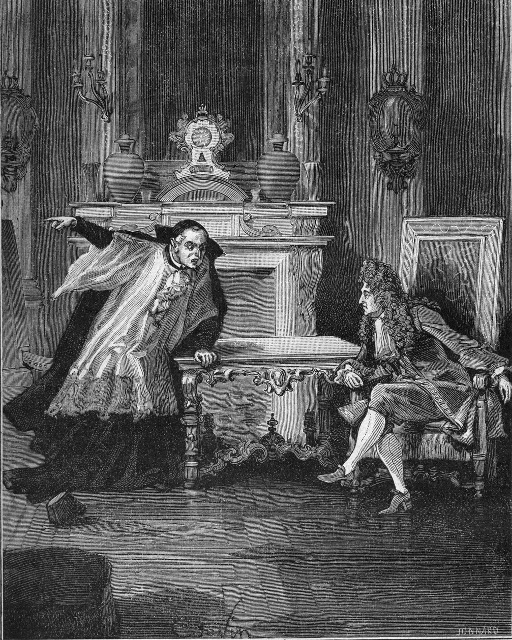 1715: استمع ملك فرنسا لويس الرابع عشر (1638-1715) إلى كلمات الأب ميشيل لو تيلير (1643-1719) ، مُعترفه اليسوعي. نقش القرن التاسع عشر. في "هيستوار دو فرانس" لجول ميشليه بواسطة فنان غير معروف
