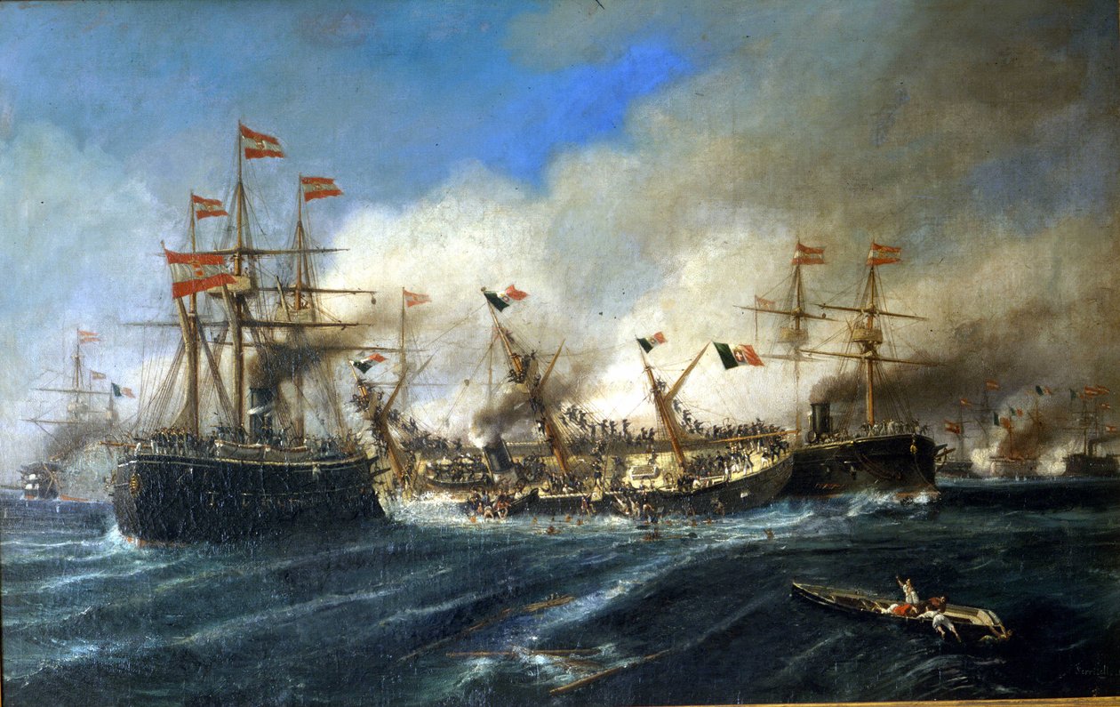 20/07/1866: معركة ليزا قبالة دالماتيا: النمساويون دمروا الأسطول الإيطالي. بواسطة فنان غير معروف