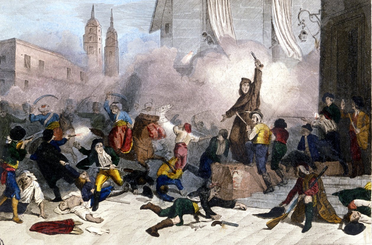 2/05/1808: انتفاضة مدريد ضد سيطرة فرنسا على إسبانيا. نقش القرن التاسع عشر بواسطة فنان غير معروف