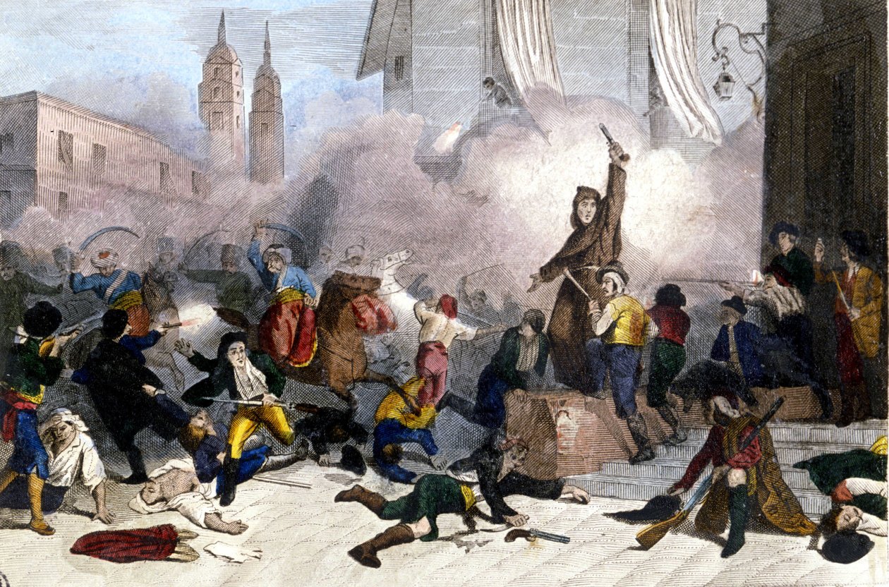 2/05/1808: انتفاضة مدريد ضد سيطرة فرنسا على إسبانيا. الطباعة الحجرية حوالي عام 1830. بواسطة فنان غير معروف