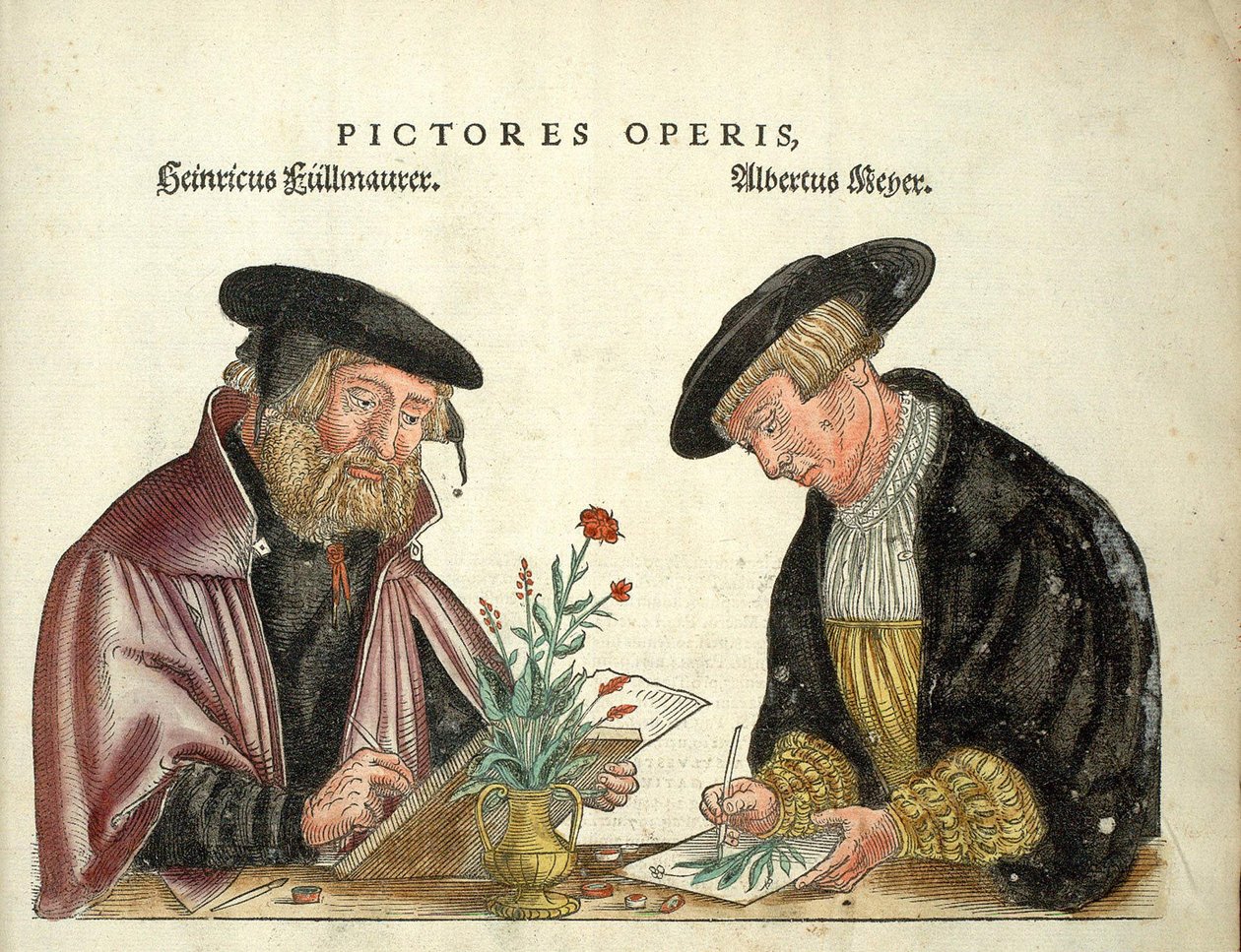 اثنان من الفنانين الذين رسموا الكتاب ، ألبرت ماير وفيت رودولف سبيكل ، "" De Historia Stirpium commentarii insignia ، ... "لليونهارت فوكس بواسطة فنان غير معروف