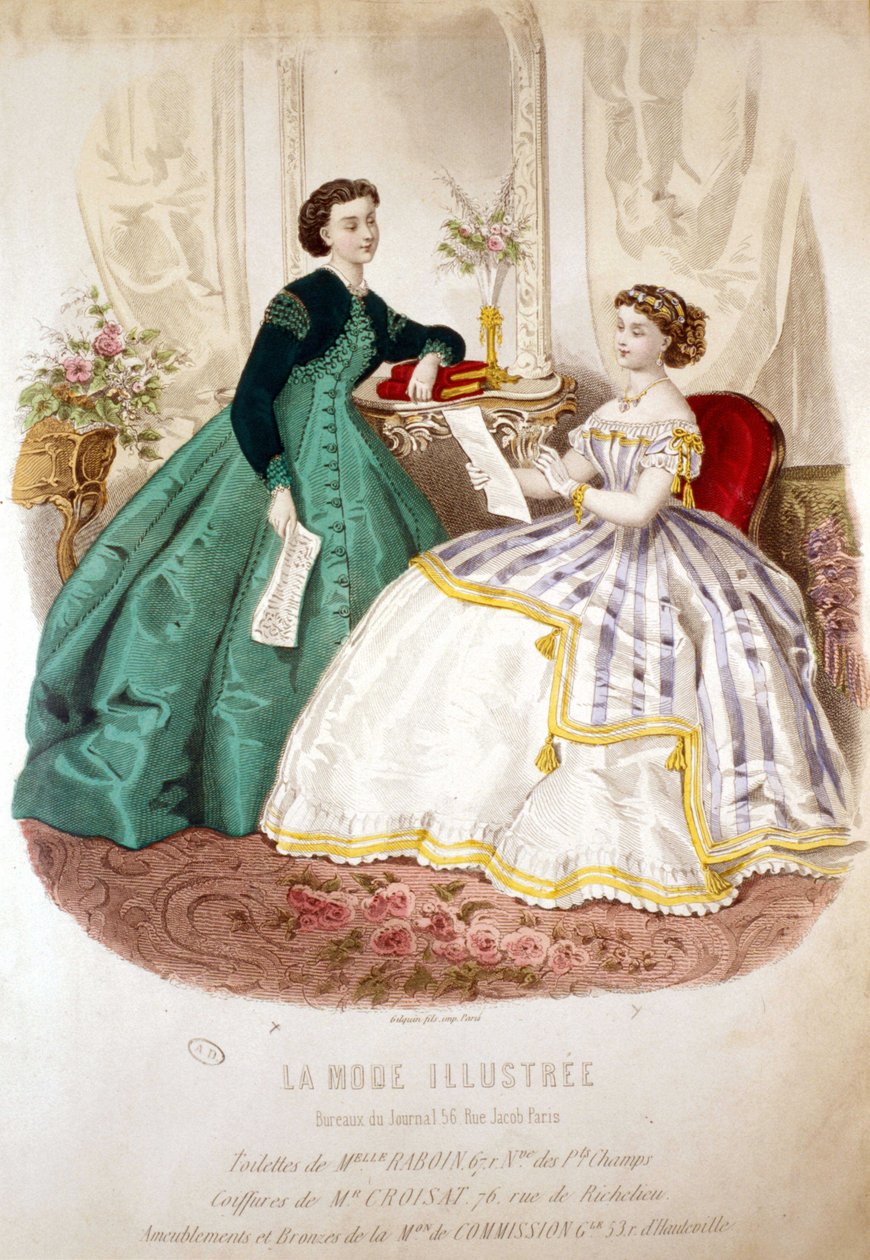 امرأتان تقرأان: مرحاض الآنسة رابون وتصفيفات شعر M. Croisat - في "La Mode Illustrated" بواسطة فنان غير معروف
