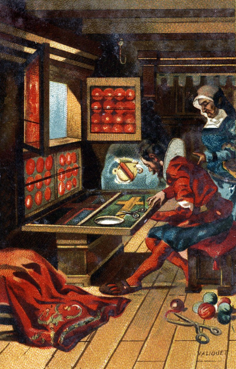 A Chasublier (عامل يصنع جميع أنواع ملابس الكنيسة) في عام 1546. الطباعة الحجرية الملونة في أواخر القرن التاسع عشر. بواسطة فنان غير معروف