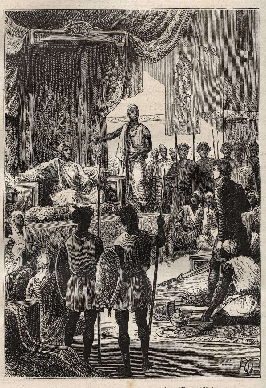 رحلة (1792-1795) إلى مصر والشرق الأدنى بقلم ويليام جورج براون (1768-1813): يلتقي براون بسلطان دارفور ألد الرشمان (عبد الرحمن ، المعروف باسم الرشيد أو العادل) ، في الفاشر (الفاشر ، السودان) عام 1793 - رسم من "العظيم بواسطة فنان غير معروف