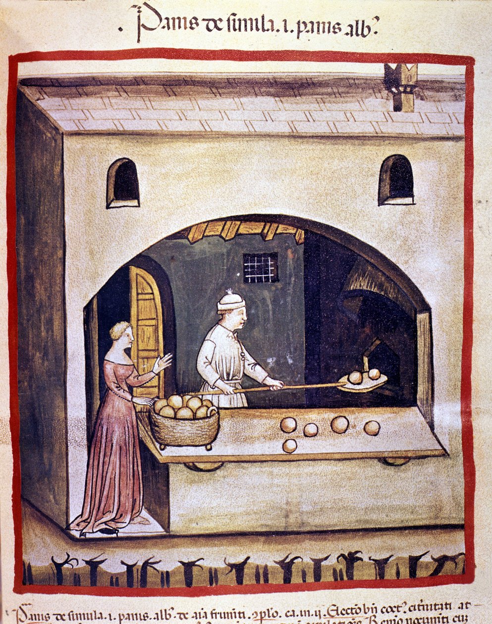 خباز يعد الخبز الأبيض والسميد. الإضاءة من حلب الأدوية وعلم التغذية "" Tacuinum sanitatis "" بواسطة فنان غير معروف
