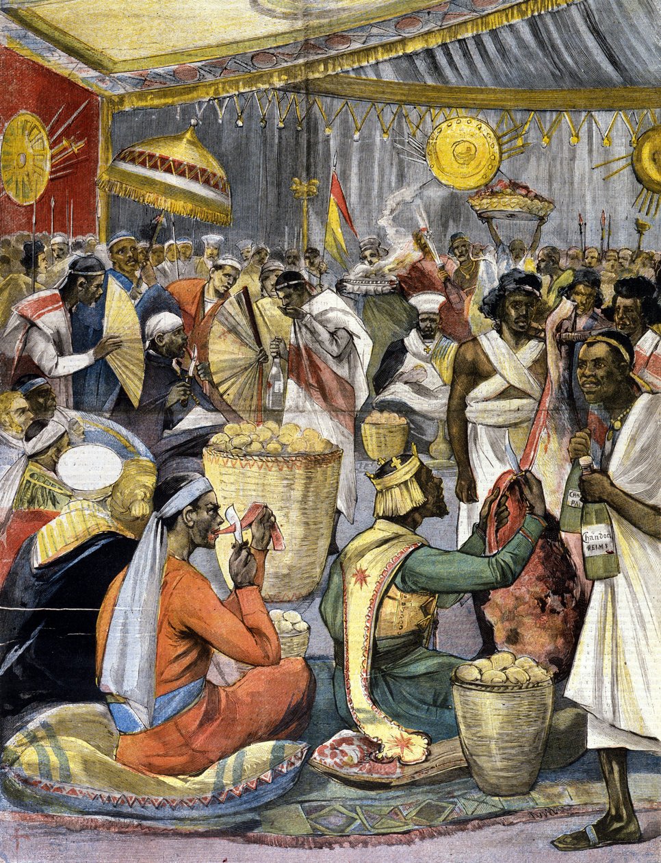 مأدبة في بلاط الملك منليك الثاني (1844 - 1913) في إثيوبيا. مريضة لصحافة أواخر القرن التاسع عشر. بواسطة فنان غير معروف
