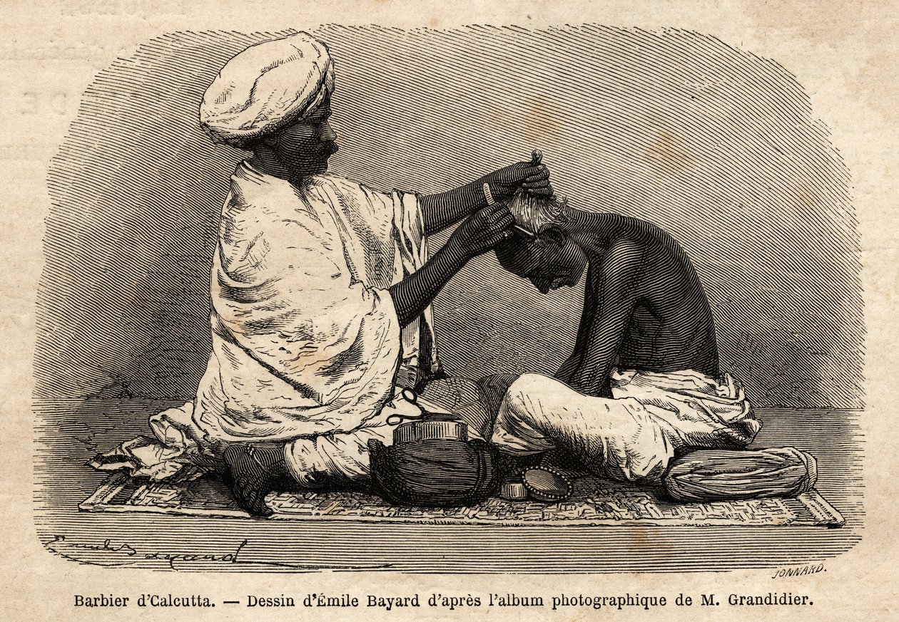 حلاق يعمل في شوارع كلكتا. نقش لتوضيح الرحلة في مقاطعات الهند ، بقلم ألفريد غرانديدير ، في ١٨٦٢-١٨٦٤ ، نُشر في "" le tour du monde "، تم تحريره بواسطة D'Edouard Charton ، طبعة Hachette ، باريس بواسطة فنان غير معروف