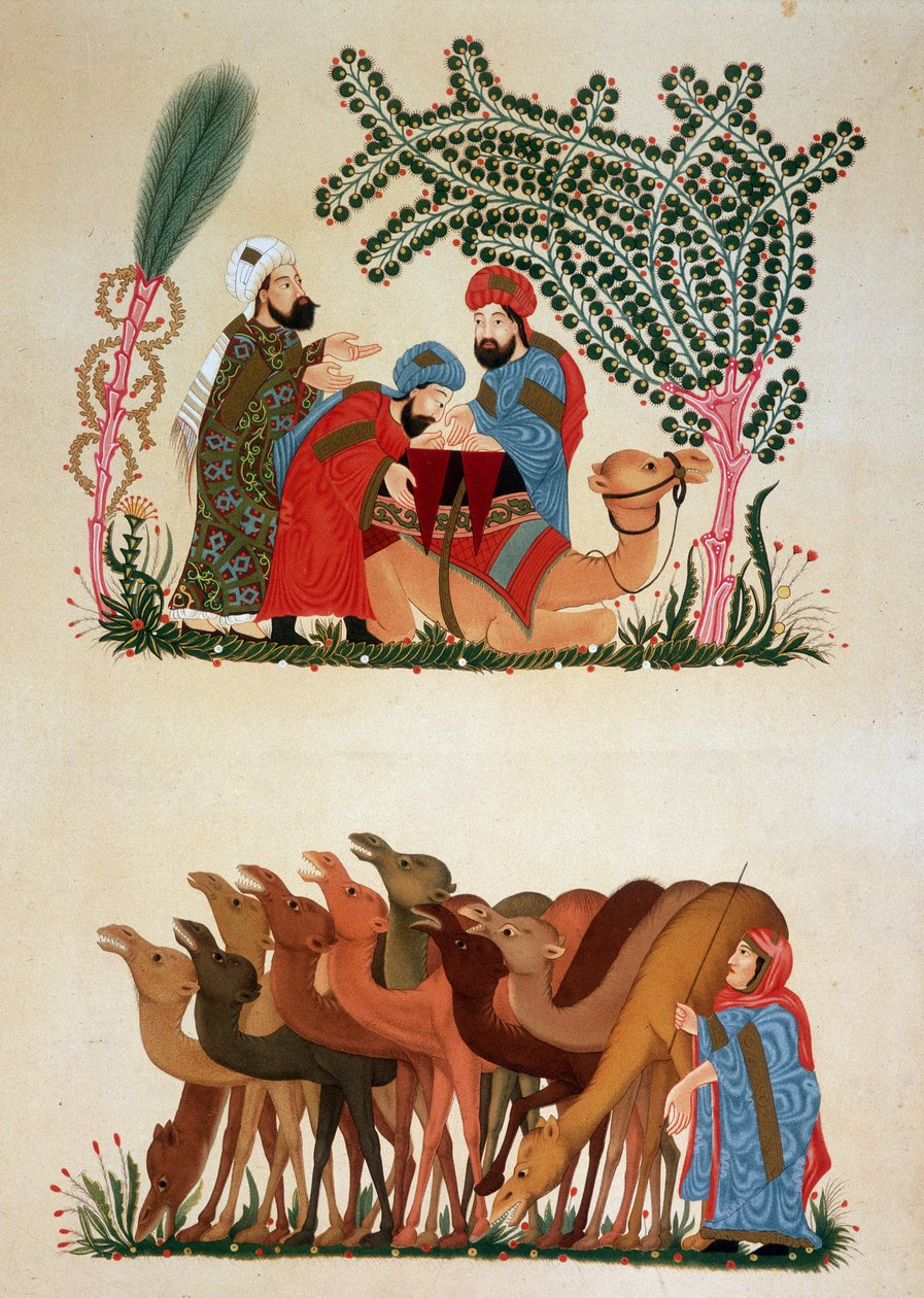 قافلة متنقلة. رسم توضيحي للقرن الثالث عشر لـ "المقامات" لأبي محمد القاسم بن علي الحريري (أو الحريري أو الحريري) (1054-1122) في "الفن العربي" من آثار القاهرة من القرن السابع إلى القرن الثامن عشر بواسطة P بواسطة فنان غير معروف