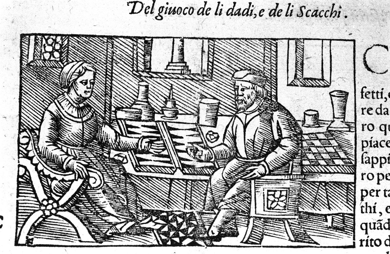 زوجان يلعبان النرد. نقش بعد "Historia de gentis septemtrionalis" لأولاوس ماغنوس ، روما 1560. بواسطة فنان غير معروف