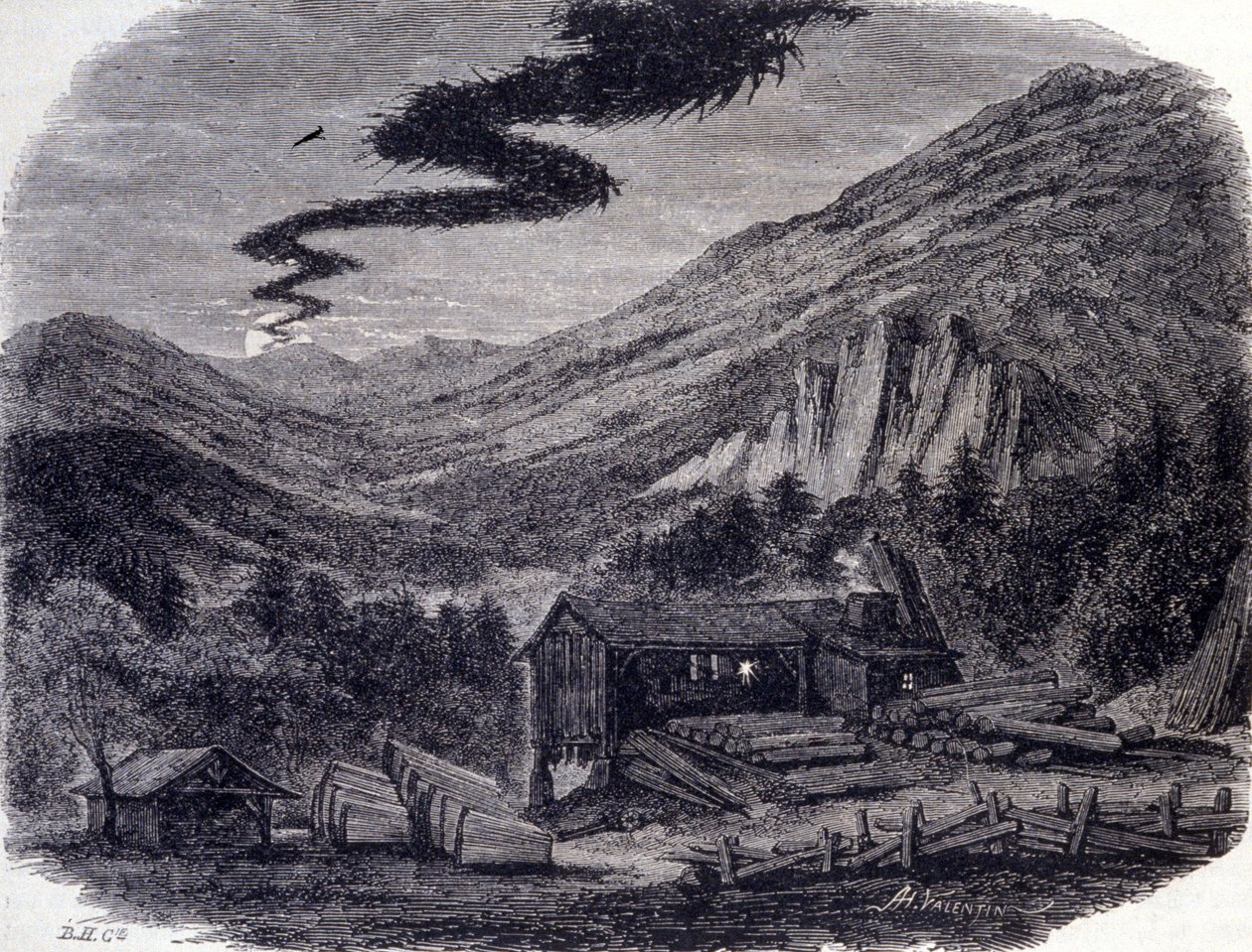 مطاردة رائعة (هوائية أو برية) أو Menee (Menee Hellequin) أو Mesnie in the Vosges ، وهي عاصفة ليلية تظهر نفسها وفقًا للأساطير الشعبية بعد لعنة أو يوم سبت من السحرة. نقش القرن التاسع عشر بواسطة فنان غير معروف