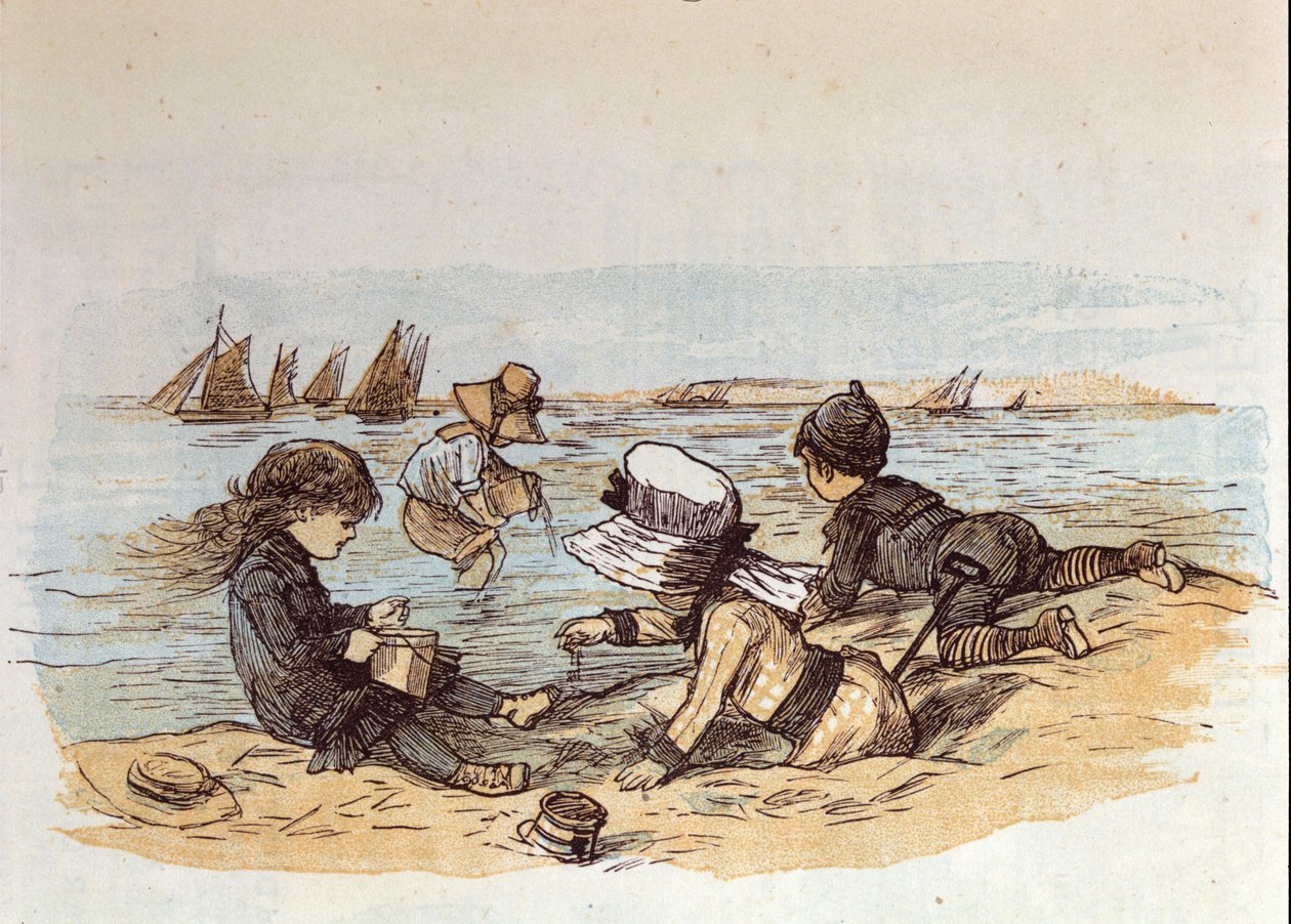 مجموعة من الأطفال يلعبون بالمياه على الرمل. 1881 بواسطة فنان غير معروف
