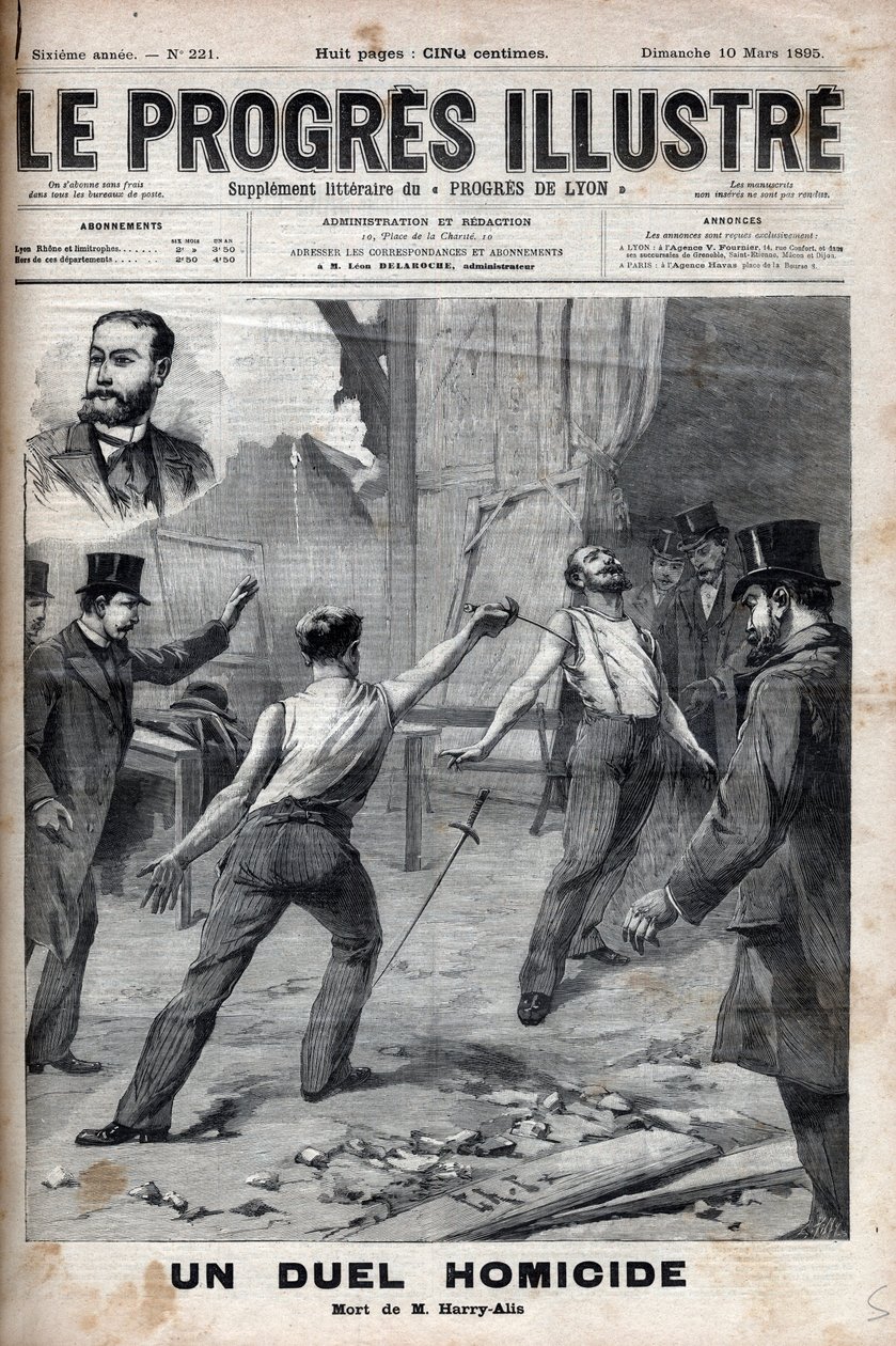مبارزة القتل - في 1 مارس 1895 ، مبارزة مع spee بين عضوين من لجنة إفريقيا الفرنسية ، اللذان كانا في السابق رفيقين جيدين ، ألفريد لو شاتيلير وهيبوليت بيرشر ، الملقب هاري أليس ، وهذا بواسطة فنان غير معروف