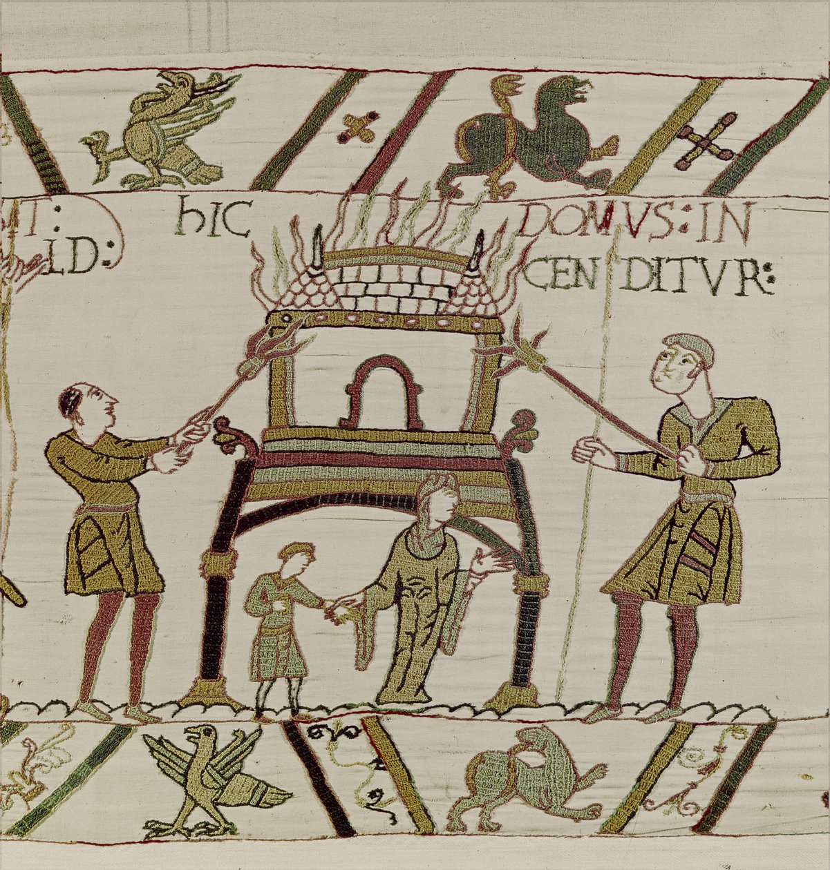 منزل أحرقه النورمانديون ، Bayeux Tapestry (تطريز الصوف على الكتان) بواسطة فنان غير معروف