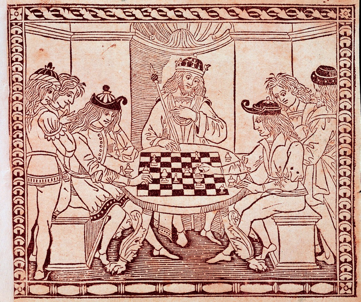 ملك يشاهد لعبة الشطرنج Xylography من مقدمة الكتاب "De Ludo Scorcorum" لجاكوبو دي سيسولز (القرن الرابع عشر) البندقية مكتبة مارسيانا بواسطة فنان غير معروف