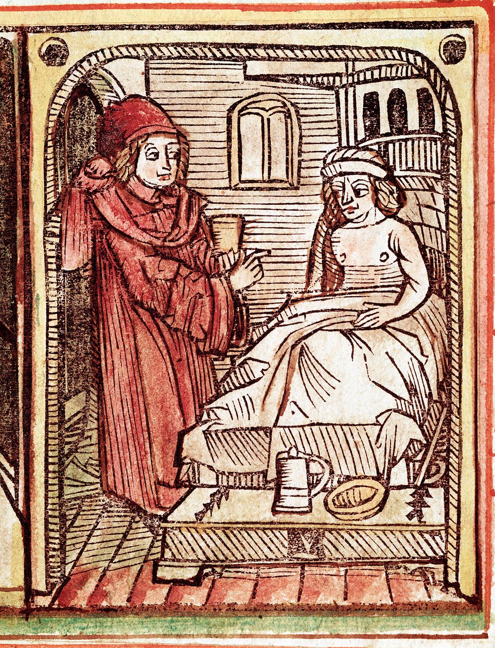 طبيب يعطي لمريضه علاجًا مصنوعًا من نباتات طبية نقش من "Tractatus de pestilentia" القرن الخامس عشر - براغ ، المكتبة الوطنية بواسطة فنان غير معروف