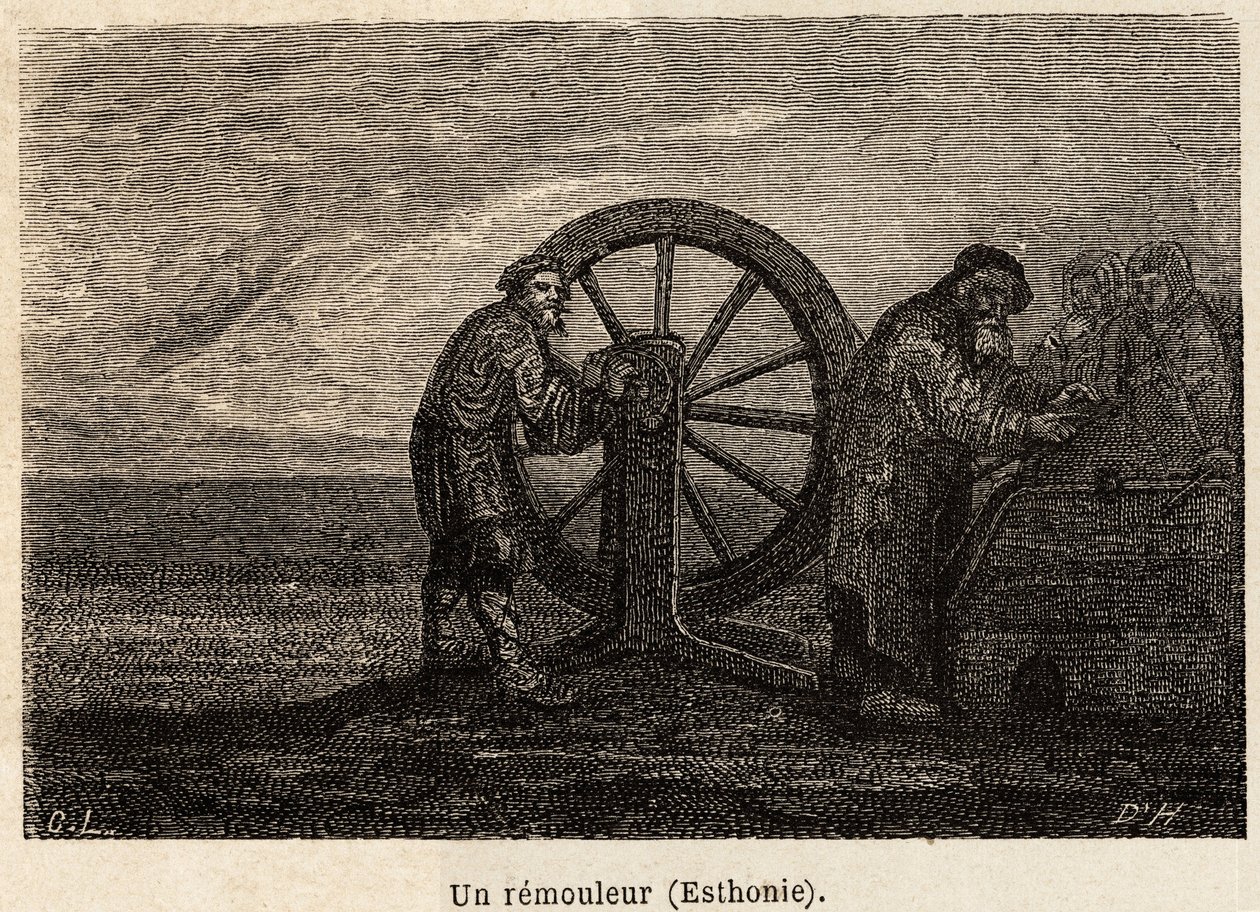 مزيل في إستونيا. رسم هنريت ، لتوضيح رحلته إلى مقاطعات البلطيق الروسية في 1851-54. نقش في "" Le Tour du monde "، تحرير إدوارد شارتون بواسطة فنان غير معروف