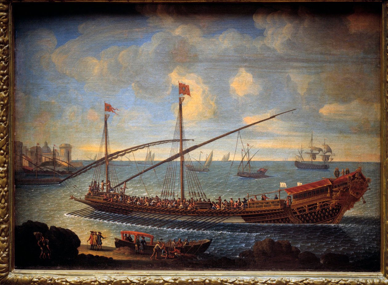 سفينة ملكية تعود إلى الميناء هذه هي "Reale de France" التي بُنيت عام 1679. لوحة مجهولة من القرن السابع عشر. باريس ، متحف مارين بواسطة فنان غير معروف