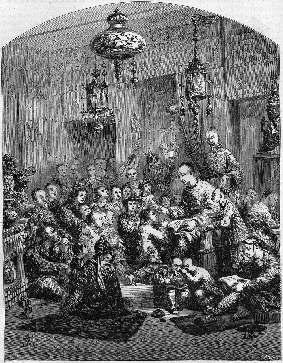 مدرسة في الصين عام 1858. بواسطة فنان غير معروف