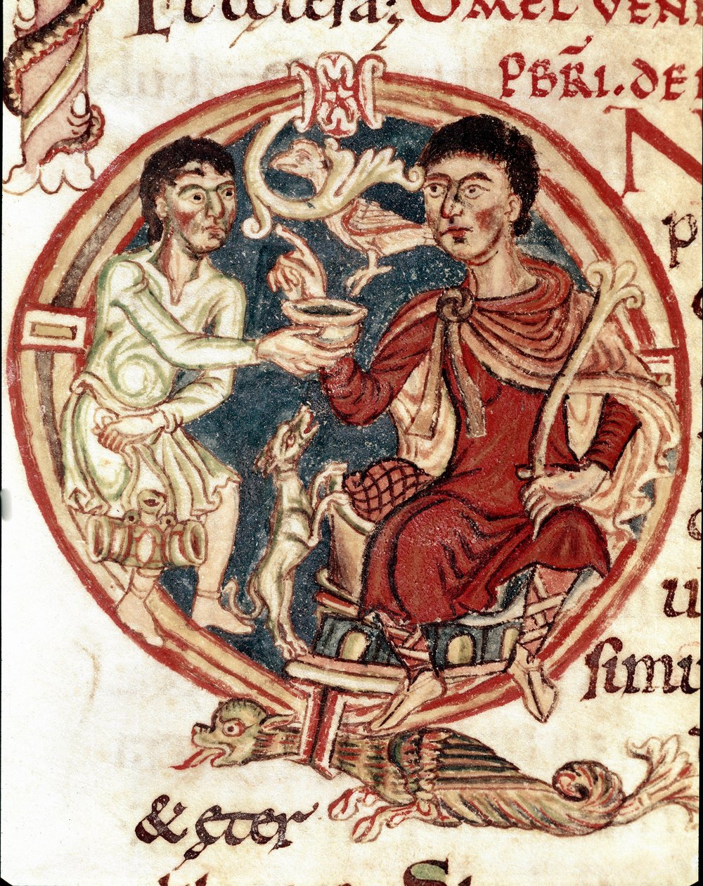 خادم يقدم للشرب إلى اللورد المصغر من "Lectionaire de la Cathedrale de Reims" "القرن الحادي عشر ، مكتبة ريمس البلدية بواسطة فنان غير معروف