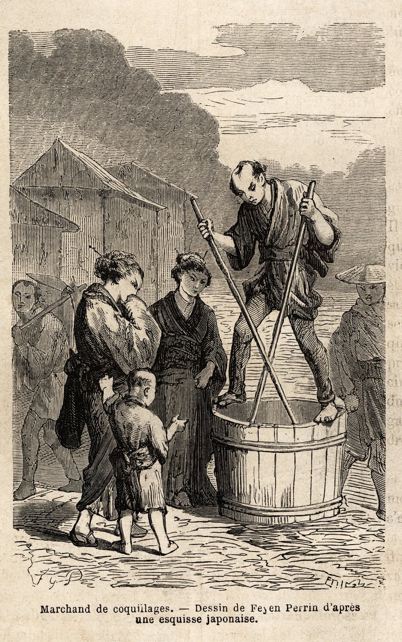 تاجر قذائف في منتصف الشارع يرتفع بشكل متوازن على البرميل الذي يحتوي على بضاعته التي يجرها بعمليتين طويلتين. نقش لتوضيح الرحلة إلى اليابان ، في 1863-1864 ، بواسطة إيم همبرت ، وزير الاتحاد السويسري ، في "L بواسطة فنان غير معروف