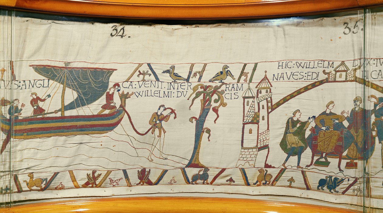 تهبط سفينة في نورماندي تحمل أخبار تتويج هارولد ، Bayeux Tapestry (تطريز صوف على الكتان) بواسطة فنان غير معروف