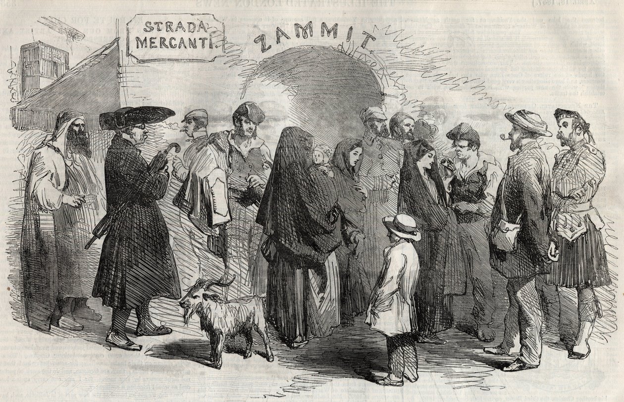 شارع في فاليتا (فاليتا) في جزيرة مالطا (مالطا) عام 1857. بواسطة فنان غير معروف