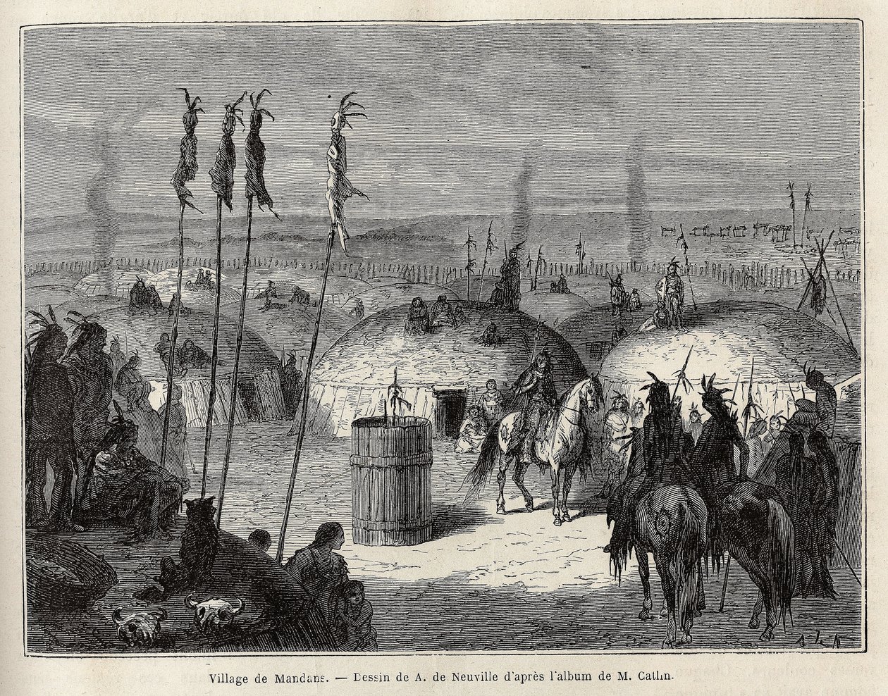 قرية من الهنود المندانيين (أو noumah ka kie: الدراج) على الضفة اليسرى لميزوري ، 600 فرسخ من مدينة سانت لويس. نقش لتوضيح رحلة بين القبائل الهندية لأحواض كولومبيا وميزوري العليا ، بقلم جي كاتلين ، في 1 بواسطة فنان غير معروف