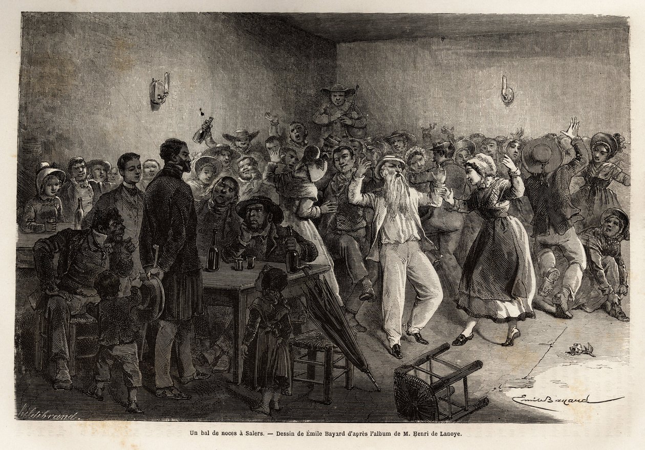 كرة زفاف في ساليرز ، نقش لتوضيح رحلة إلى البراكين في وسط فرنسا عام 1864 ، في "Le Tour du monde، nouveau journal des voyages" المنشور تحت إشراف إدوارد شارتون بواسطة فنان غير معروف