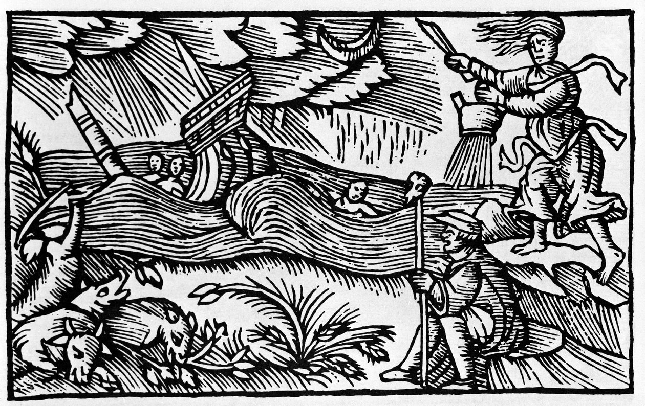 ساحرة تسبب عاصفة بعد "Historia de gentis nortentrionalibu" بواسطة Olaus Magnus ، روما 1555 بواسطة فنان غير معروف