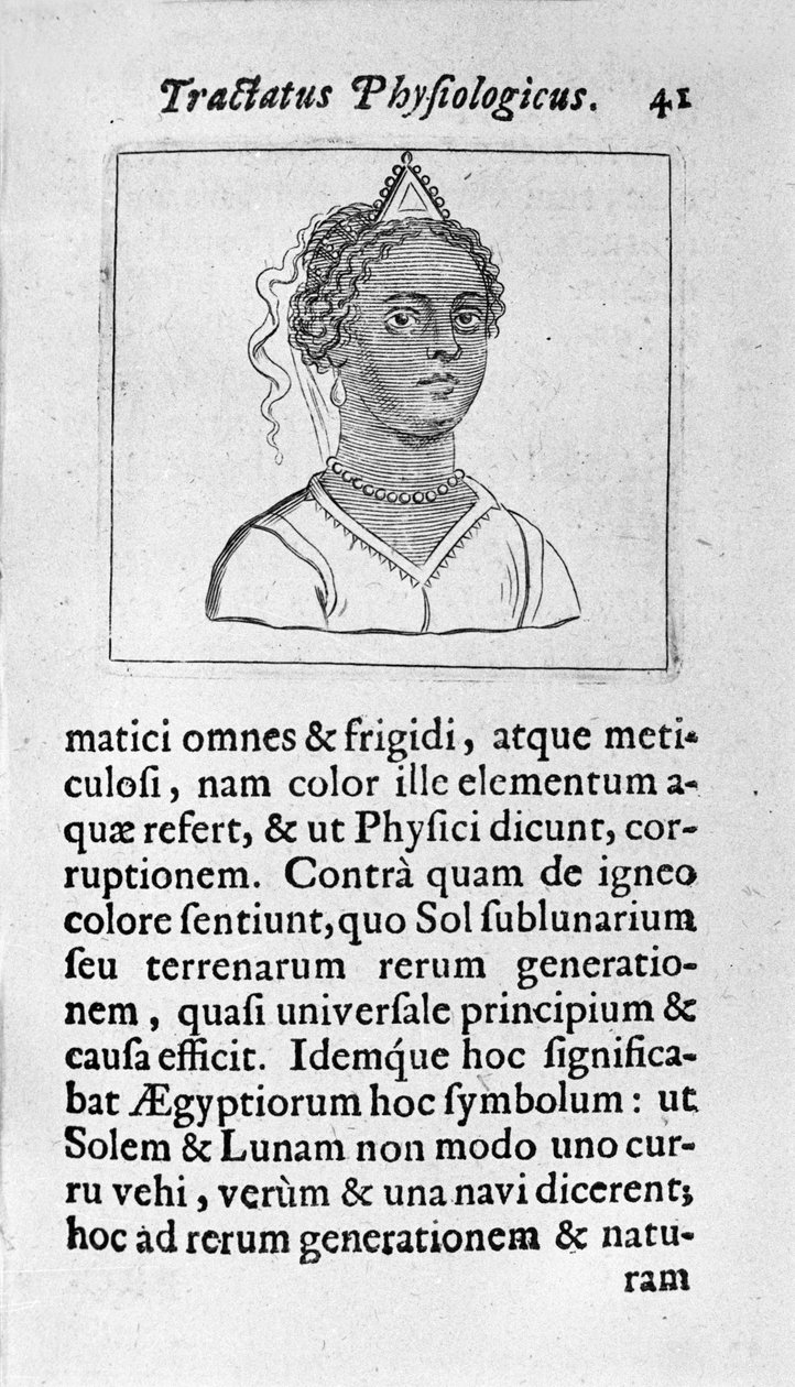 المرأة ذات بشرة سوداء. صفحة مأخوذة من صفقات "" Tractatus physiologicus de pulchritudine "" مع Ernesto Venio (Ernestus Vaenius) للدفاع عن جمال الخلق ضد خصم مجهول. 1612 بواسطة فنان غير معروف