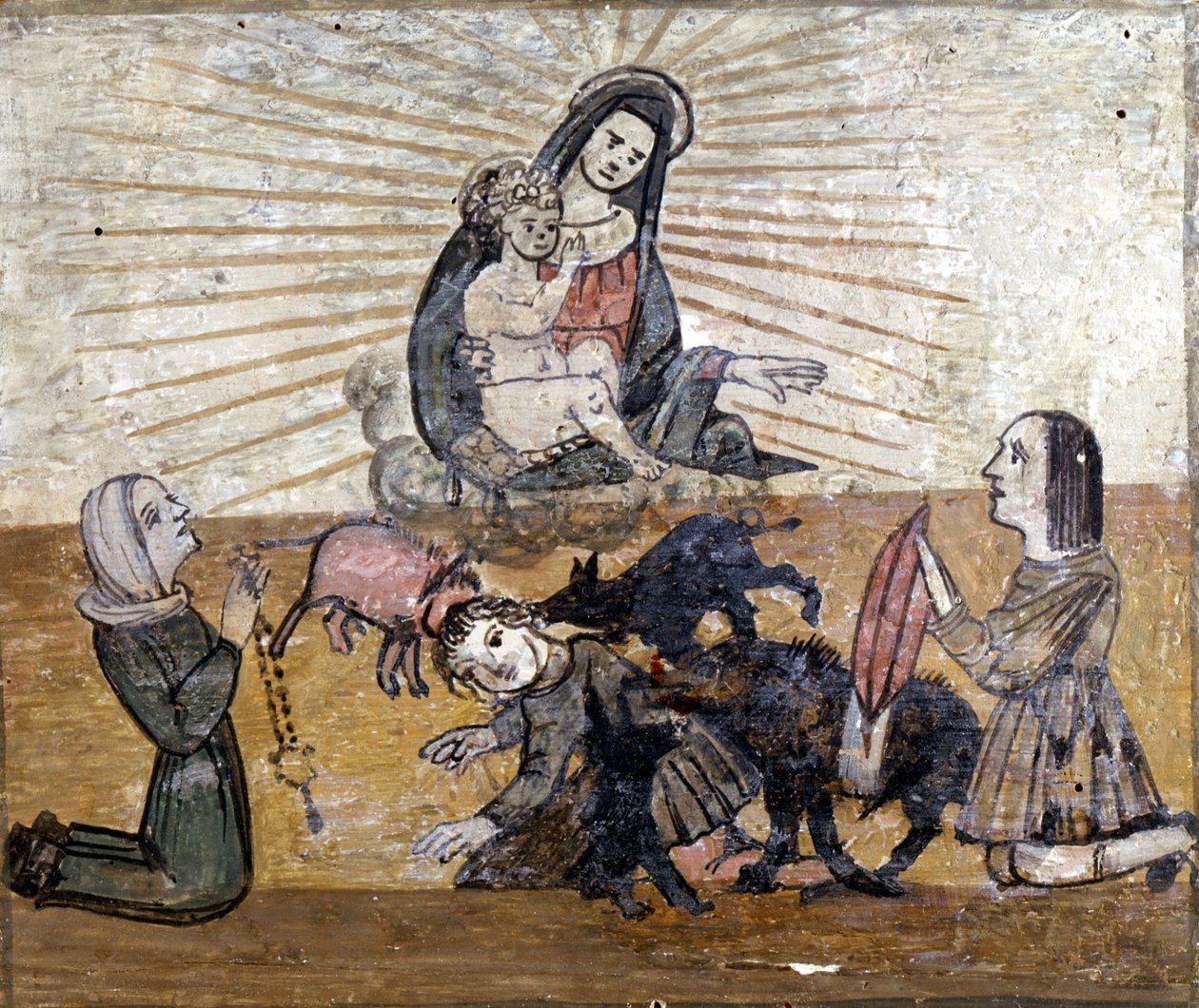 طفل صغير تهاجمه مجموعة من الخنازير البرية (الخنازير البرية). Ex voto من القرن السادس عشر لمعبد مادونا ديل مونتي بالقرب من تشيزينا (فورلي). بواسطة فنان غير معروف