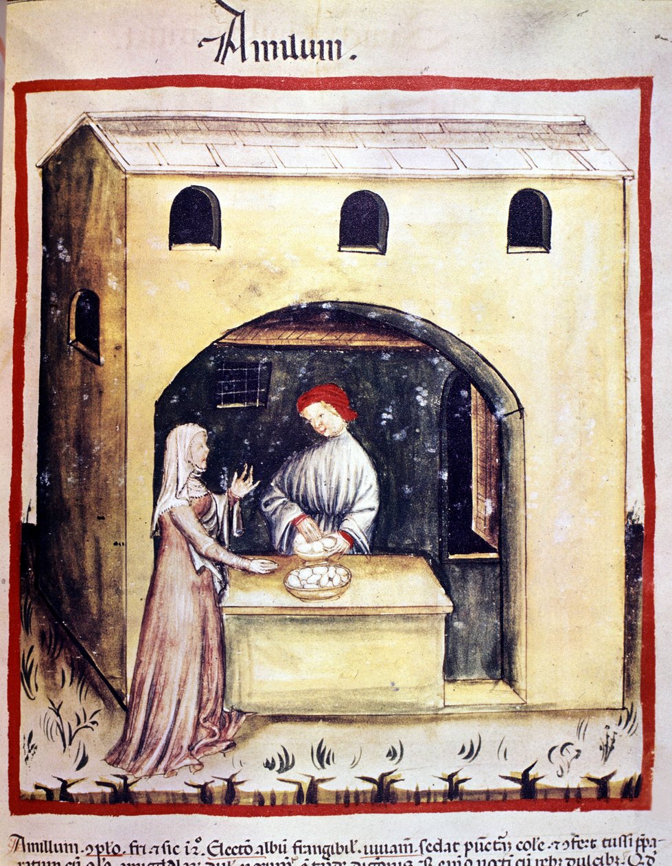 شابة تشتري البيض من تاجر. الإضاءة من حلب الأدوية وعلم التغذية "" Tacuinum sanitatis "" بواسطة فنان غير معروف
