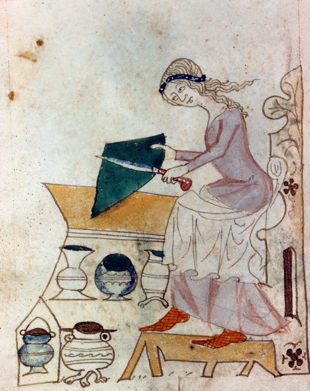 شابة تسن سكيناً. صورة مصغرة مأخوذة من مخطوطة بروفنسالية من النوع ““ Dis des Philos ”(MS Palat. 586) القرن الرابع عشر Biblioteca Nazionale Florence بواسطة فنان غير معروف